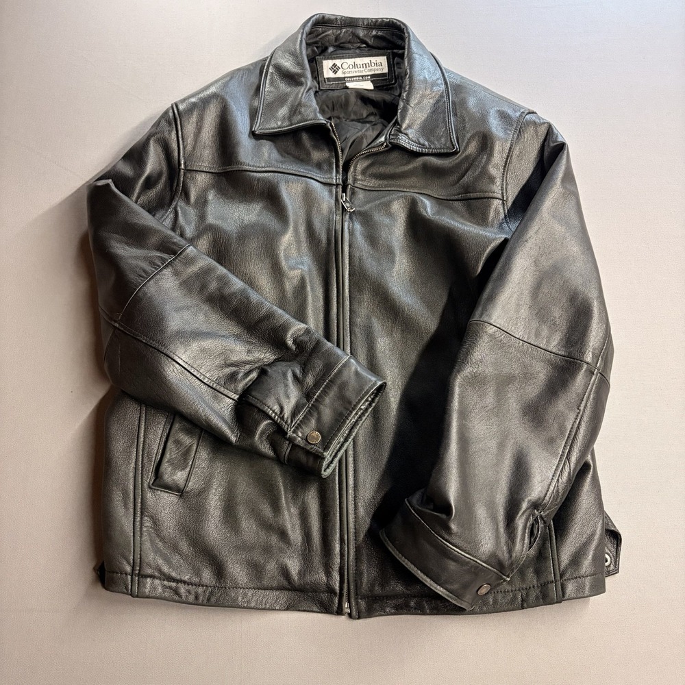 Columbia Men's XL Black Genuine Leather Jacket Full Zip Quilted Lined Coat